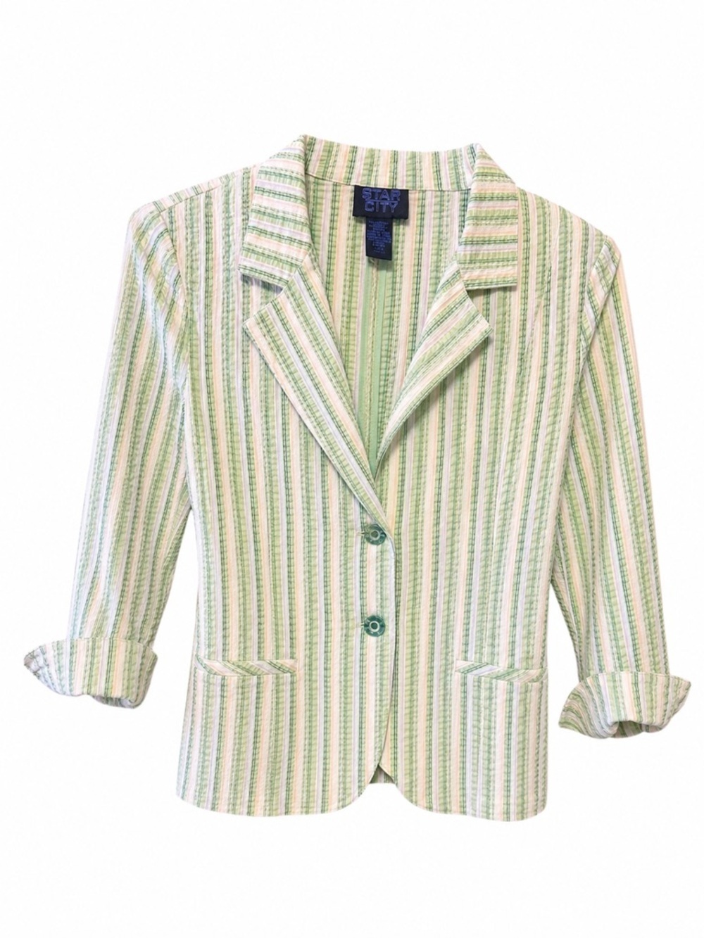 Vintage Green Seersucker Stripe Blazer Jacket Coastal Prep Size M Fits S - Picture 2 of 13